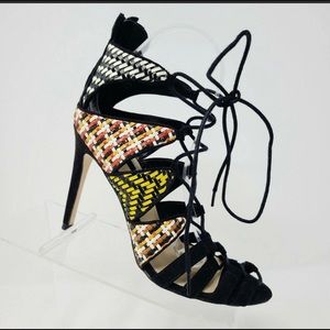 ZARA Basic Collection Colorful Woven Leather Heels Womens Size 38 Lace Up